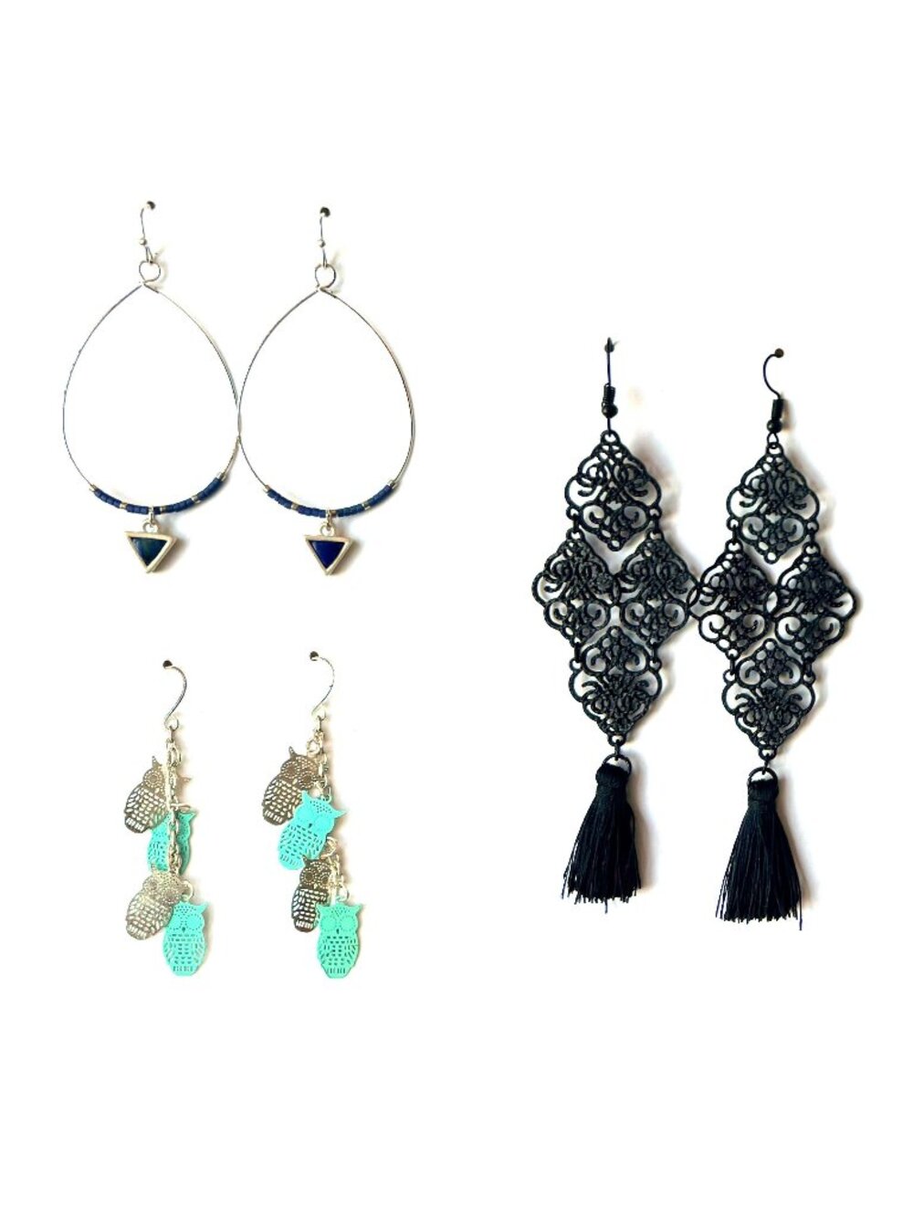 Lot of 3 pair of earrings, blue turquoise silver gold black